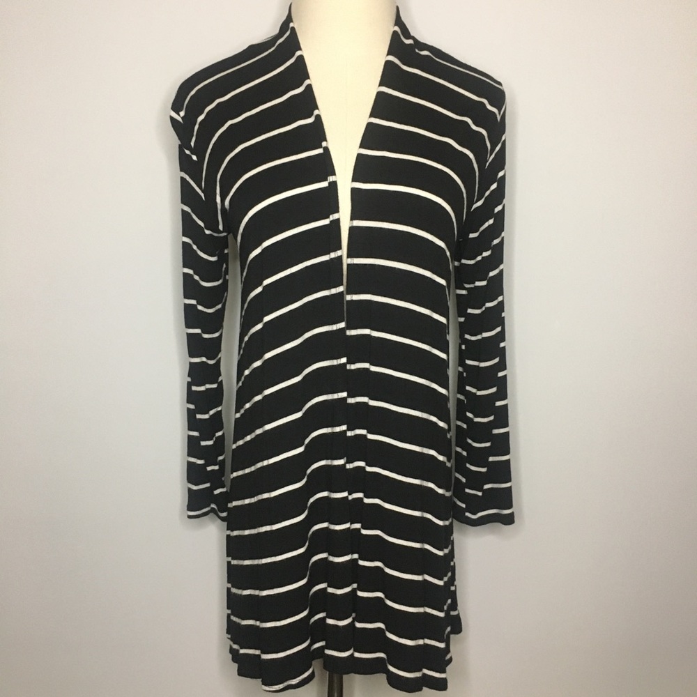 AZULES Black White Striped Open Drape Cardigan Small